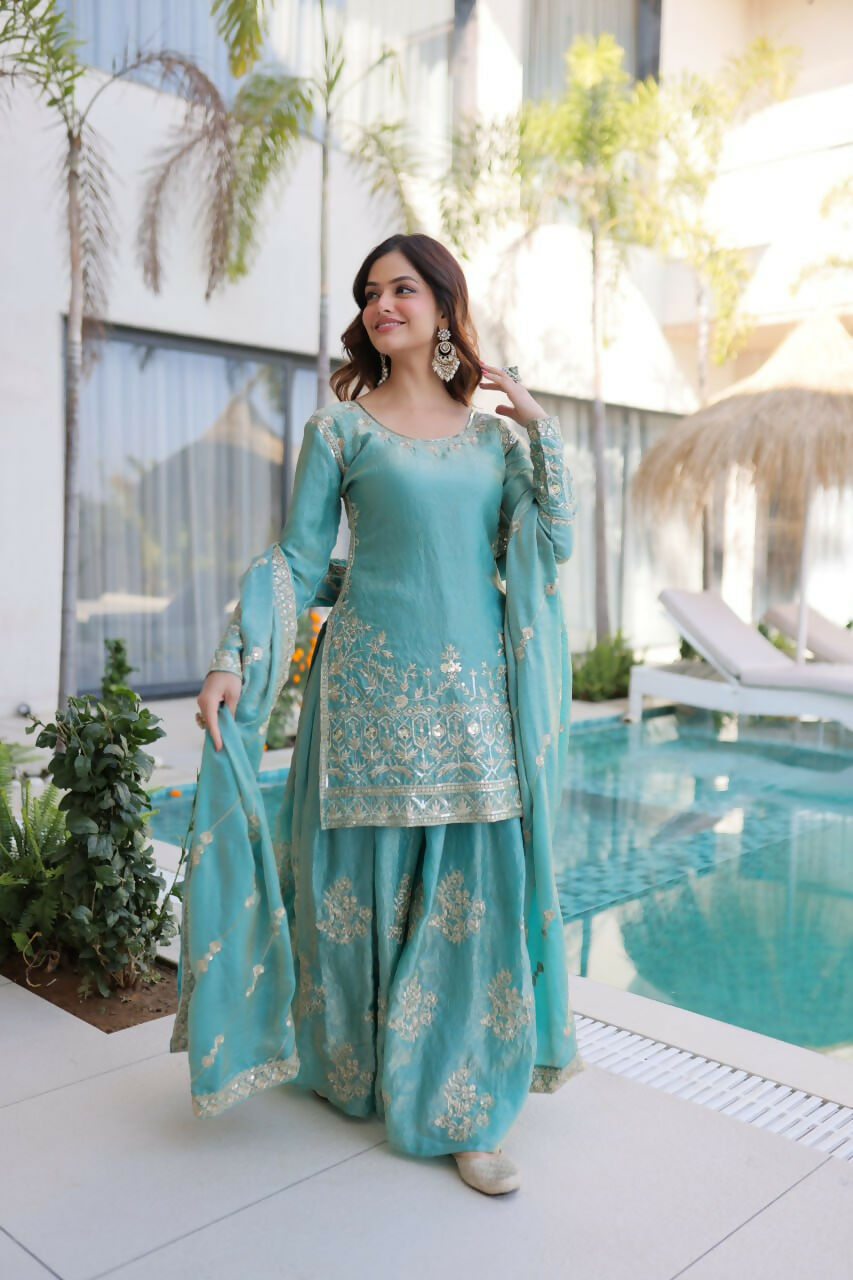 Teeya Creation Womens New Sky Color Fendi Crush With Zari & Sequins Embroidered Work