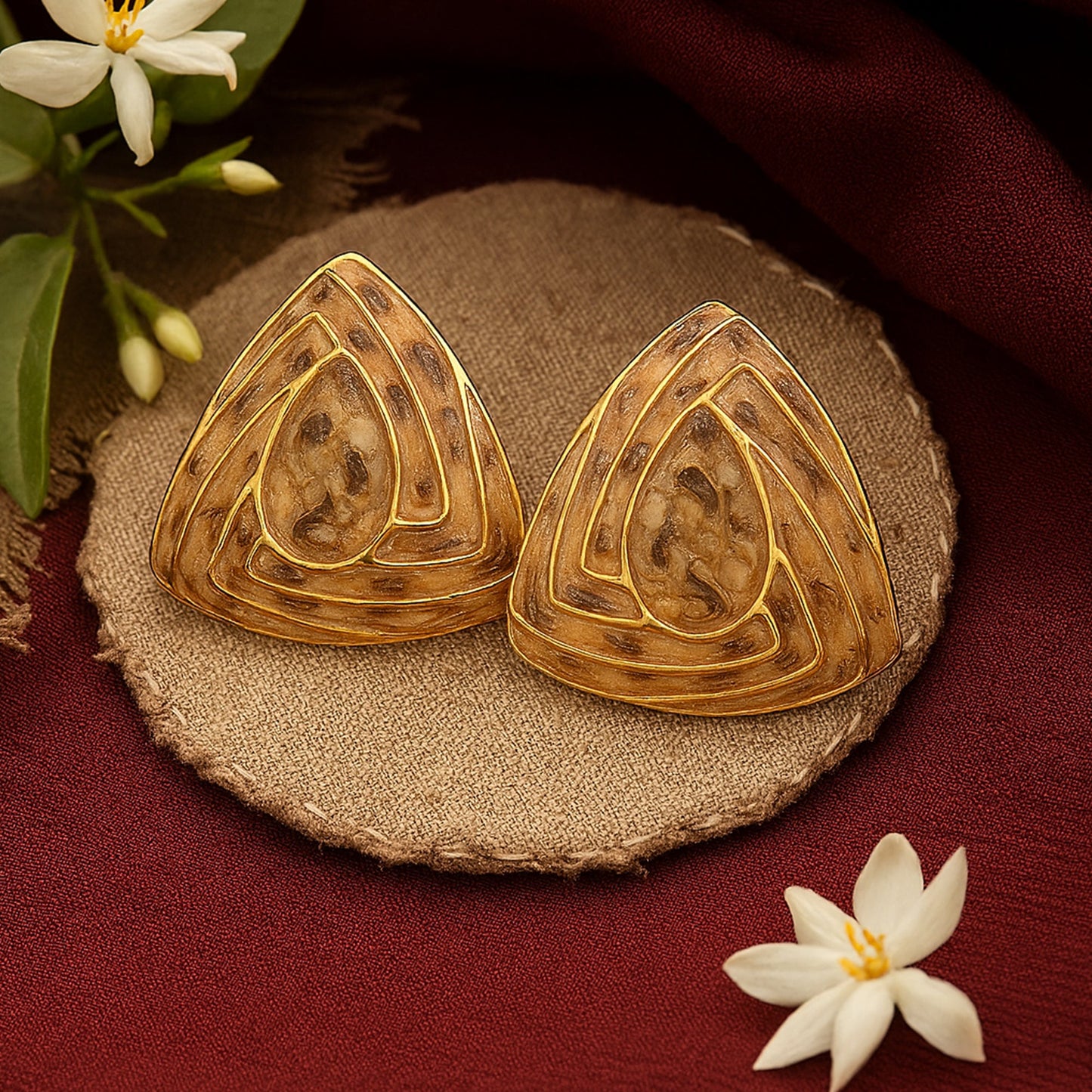 Estele Gold Plated Triangle Shaped Stud Earrings With Beige Enamel for Girls/Women