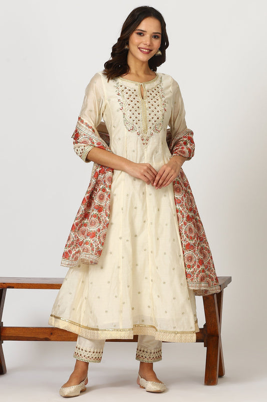 W for Woman Off-White Dori Embroidered Flared Kurta, Pants and Jacquard Dupatta
