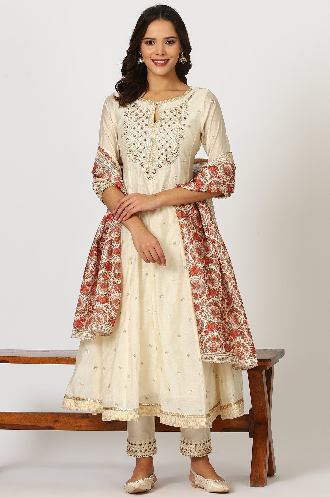 W for Woman Off-White Dori Embroidered Flared Kurta, Pants and Jacquard Dupatta