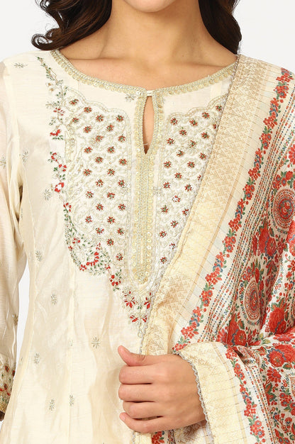W for Woman Off-White Dori Embroidered Flared Kurta, Pants and Jacquard Dupatta
