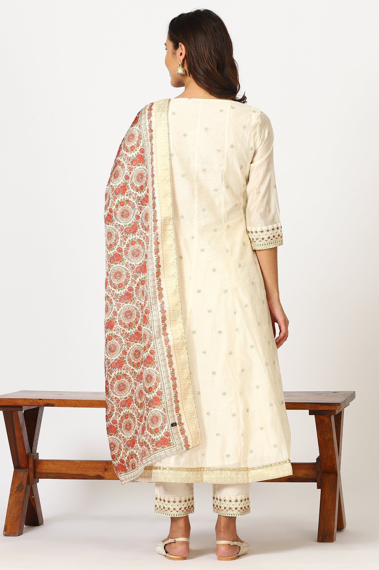 W for Woman Off-White Dori Embroidered Flared Kurta, Pants and Jacquard Dupatta