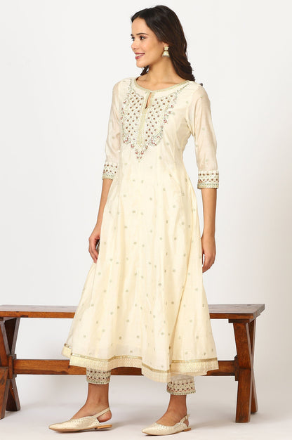 W for Woman Off-White Dori Embroidered Flared Kurta, Pants and Jacquard Dupatta