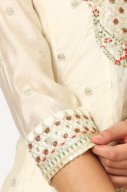 W for Woman Off-White Dori Embroidered Flared Kurta, Pants and Jacquard Dupatta