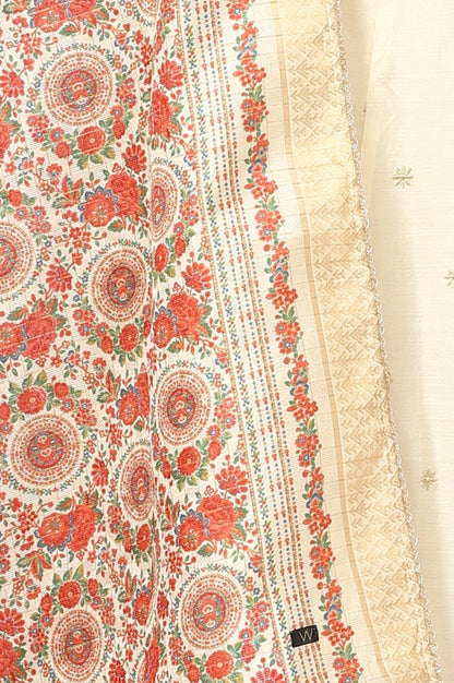 W for Woman Off-White Dori Embroidered Flared Kurta, Pants and Jacquard Dupatta