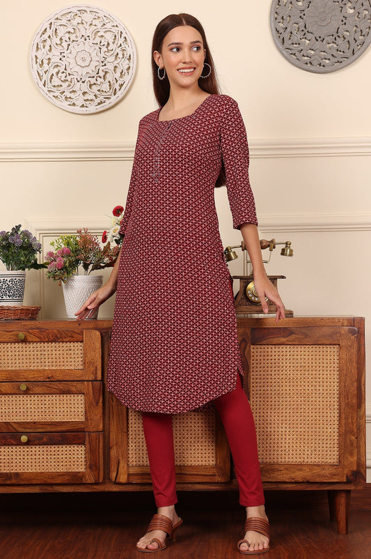 W for Woman Tureodur Red Geometric Printed Rayon Crepe Kurta With Mirror Work