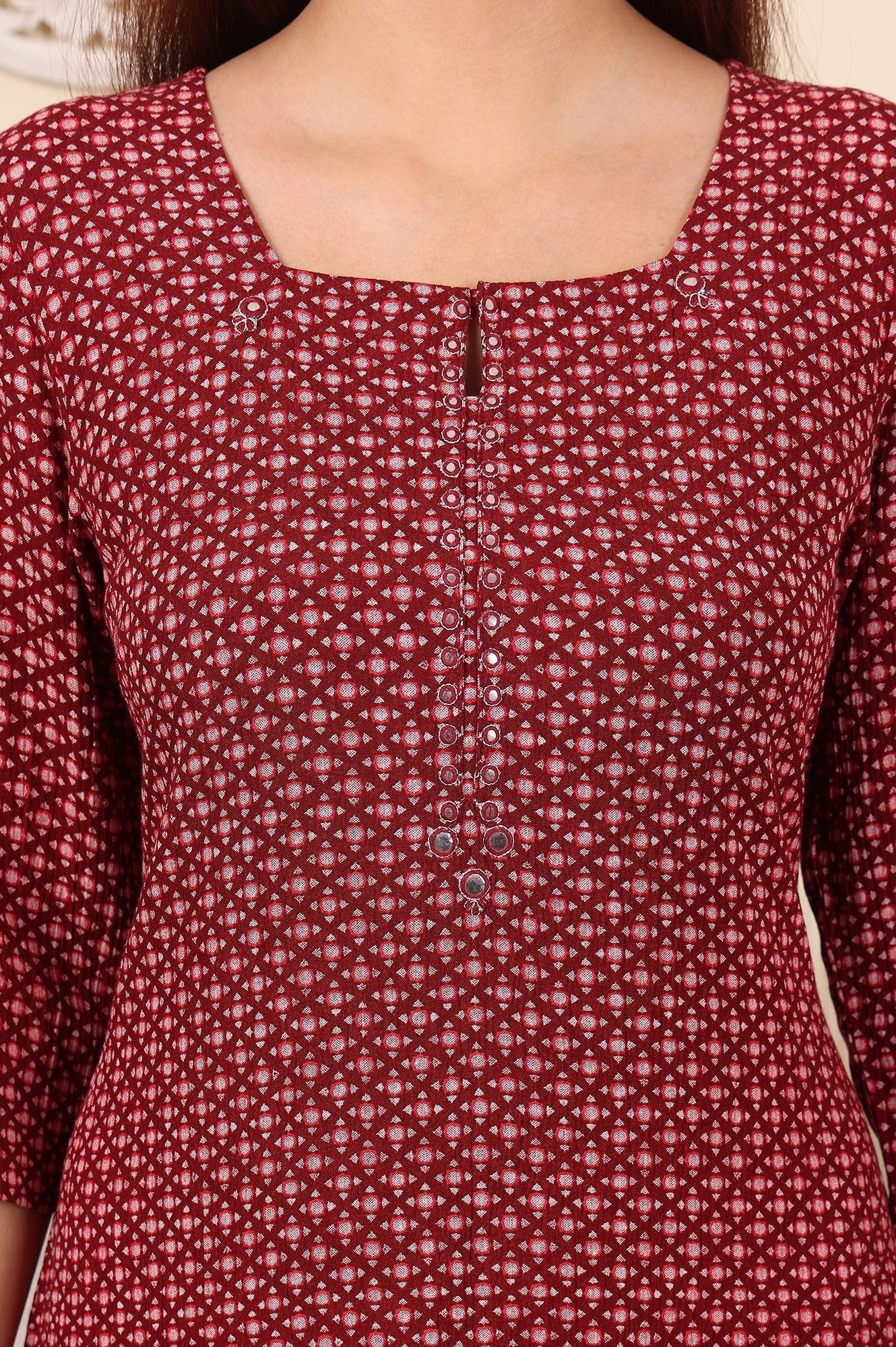 W for Woman Tureodur Red Geometric Printed Rayon Crepe Kurta With Mirror Work