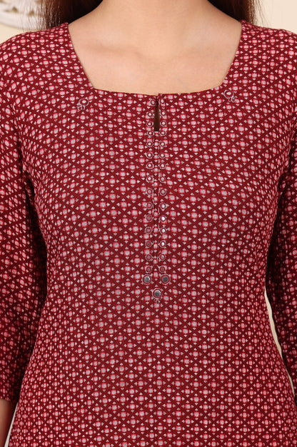 W for Woman Tureodur Red Geometric Printed Rayon Crepe Kurta With Mirror Work