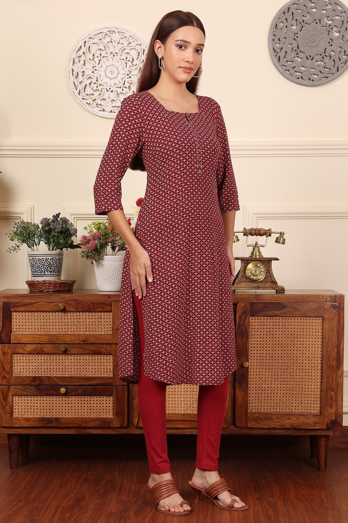 W for Woman Tureodur Red Geometric Printed Rayon Crepe Kurta With Mirror Work