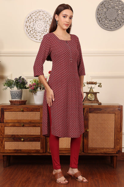 W for Woman Tureodur Red Geometric Printed Rayon Crepe Kurta With Mirror Work