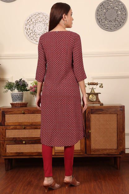 W for Woman Tureodur Red Geometric Printed Rayon Crepe Kurta With Mirror Work