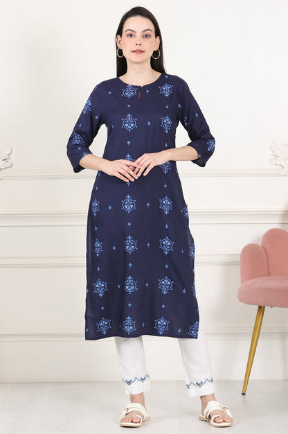 W for Woman Blue Printed Pure Cotton Straight Kurta
