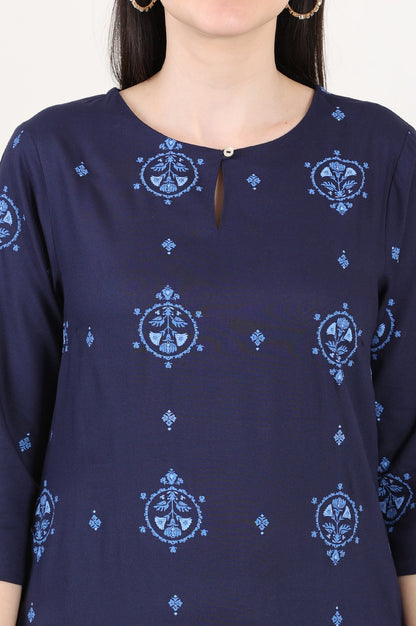 W for Woman Blue Printed Pure Cotton Straight Kurta
