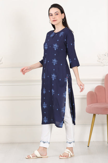 W for Woman Blue Printed Pure Cotton Straight Kurta