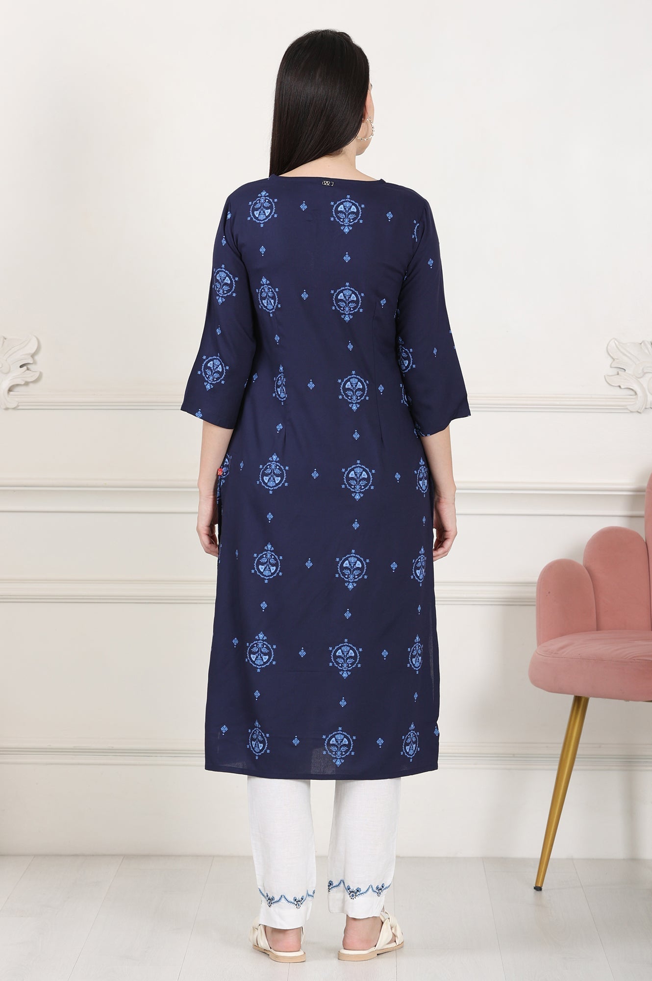 W for Woman Blue Printed Pure Cotton Straight Kurta