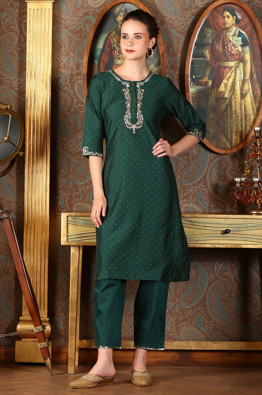 W for Woman Bottle Green Glitter Printed Kurta With Embroidered Yoke