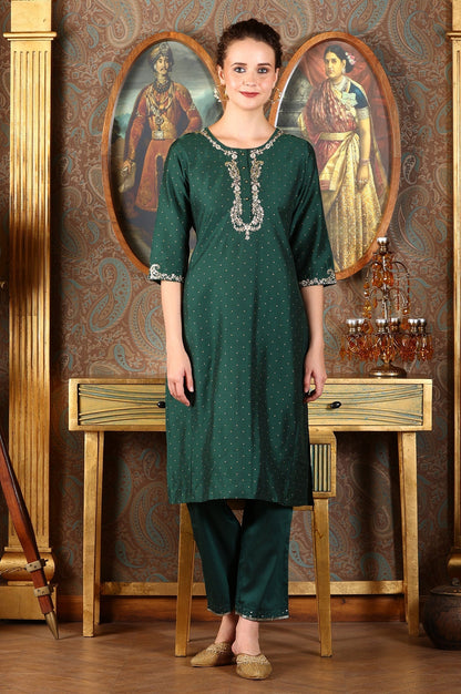 W for Woman Bottle Green Glitter Printed Kurta With Embroidered Yoke