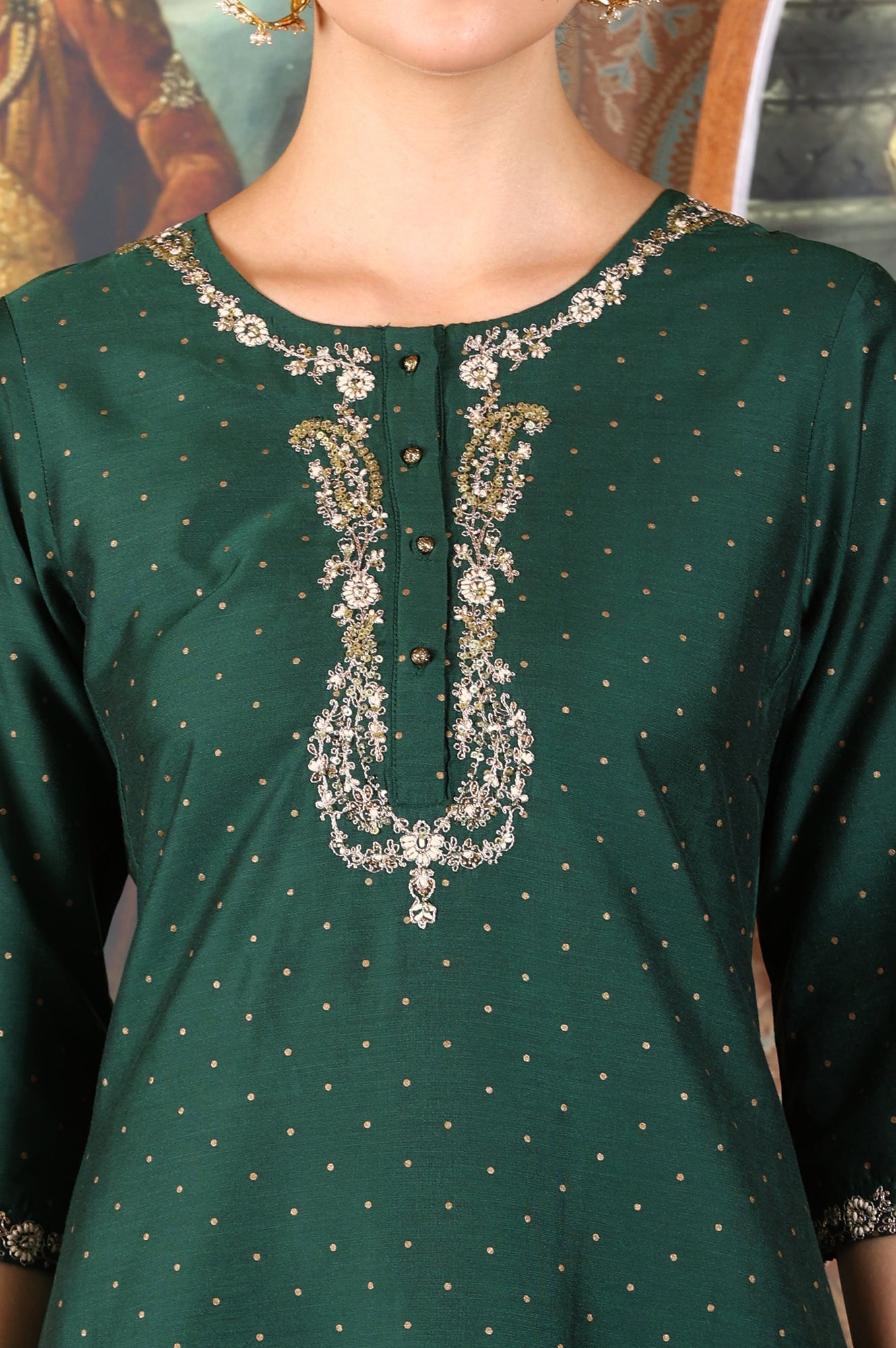 W for Woman Bottle Green Glitter Printed Kurta With Embroidered Yoke