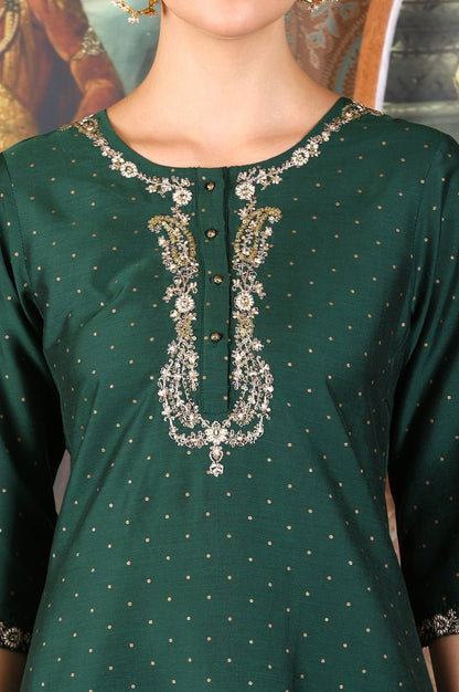 W for Woman Bottle Green Glitter Printed Kurta With Embroidered Yoke
