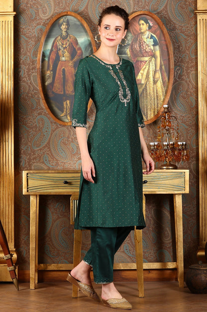 W for Woman Bottle Green Glitter Printed Kurta With Embroidered Yoke