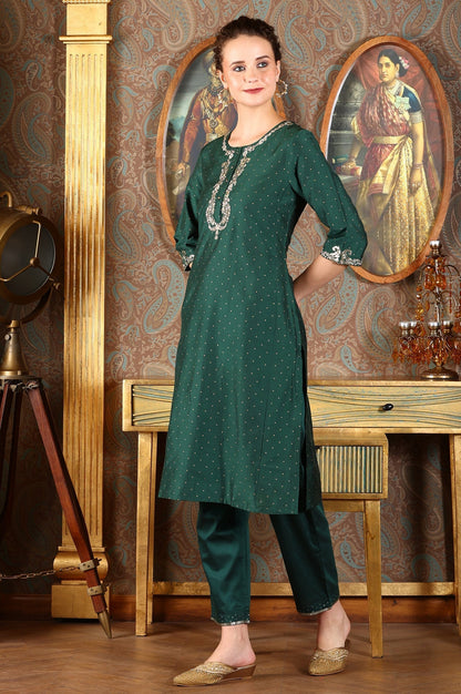 W for Woman Bottle Green Glitter Printed Kurta With Embroidered Yoke