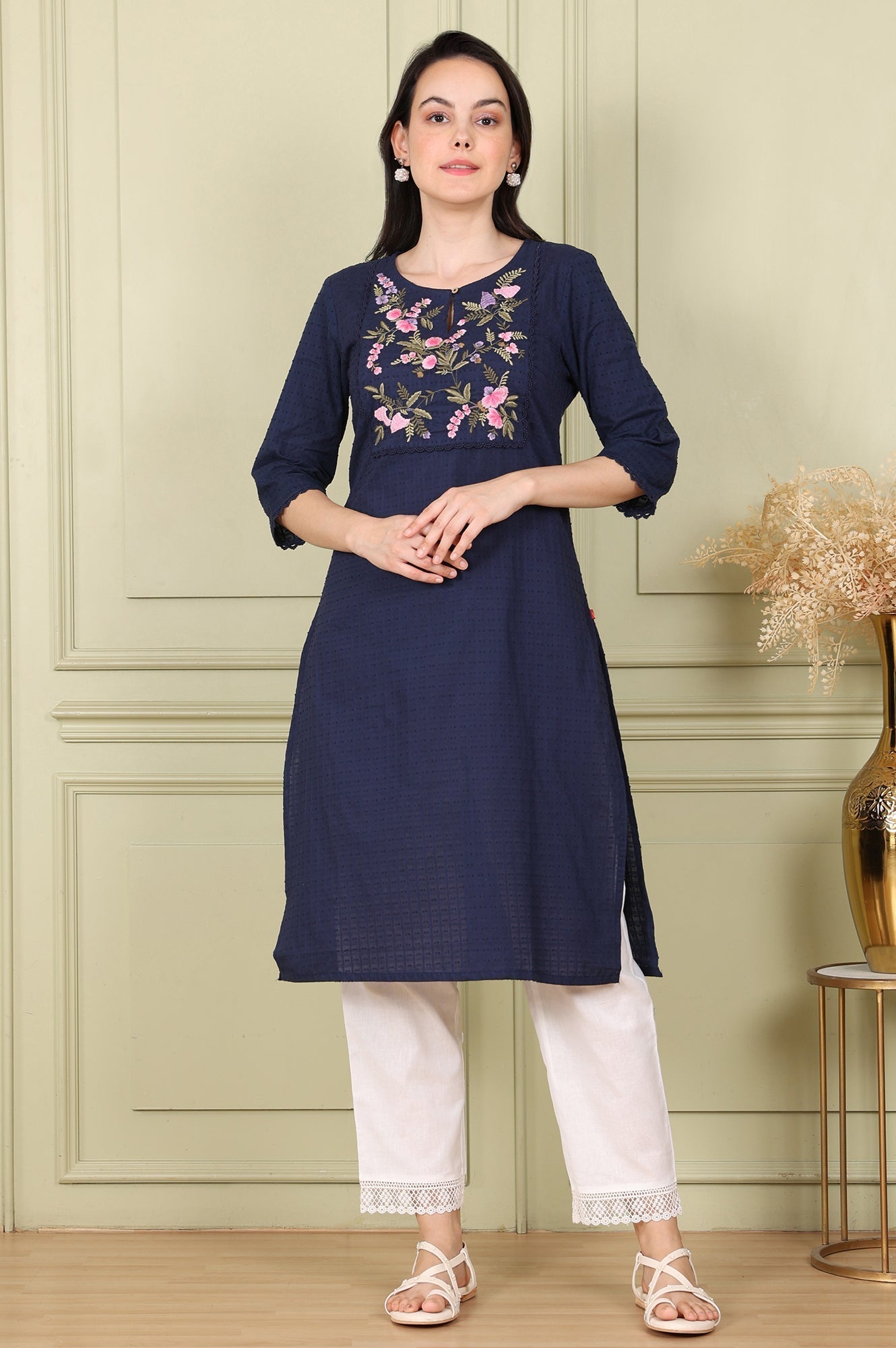 W for Woman Navy Blue Textured Straight Kurta With Thread Embroidered Yoke