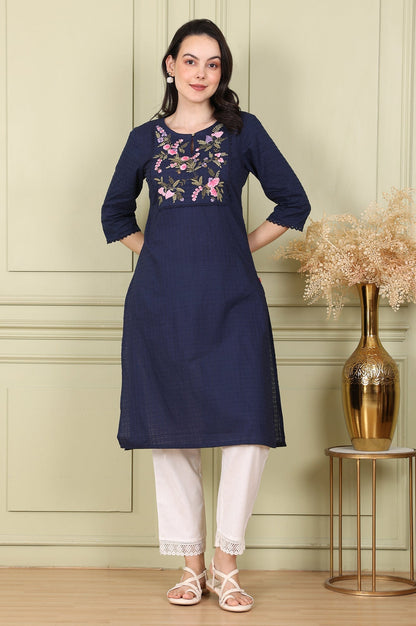 W for Woman Navy Blue Textured Straight Kurta With Thread Embroidered Yoke