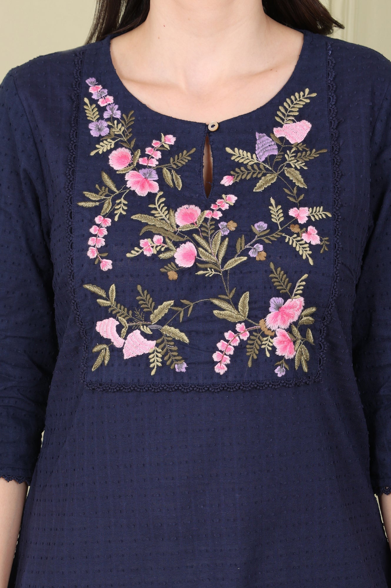 W for Woman Navy Blue Textured Straight Kurta With Thread Embroidered Yoke