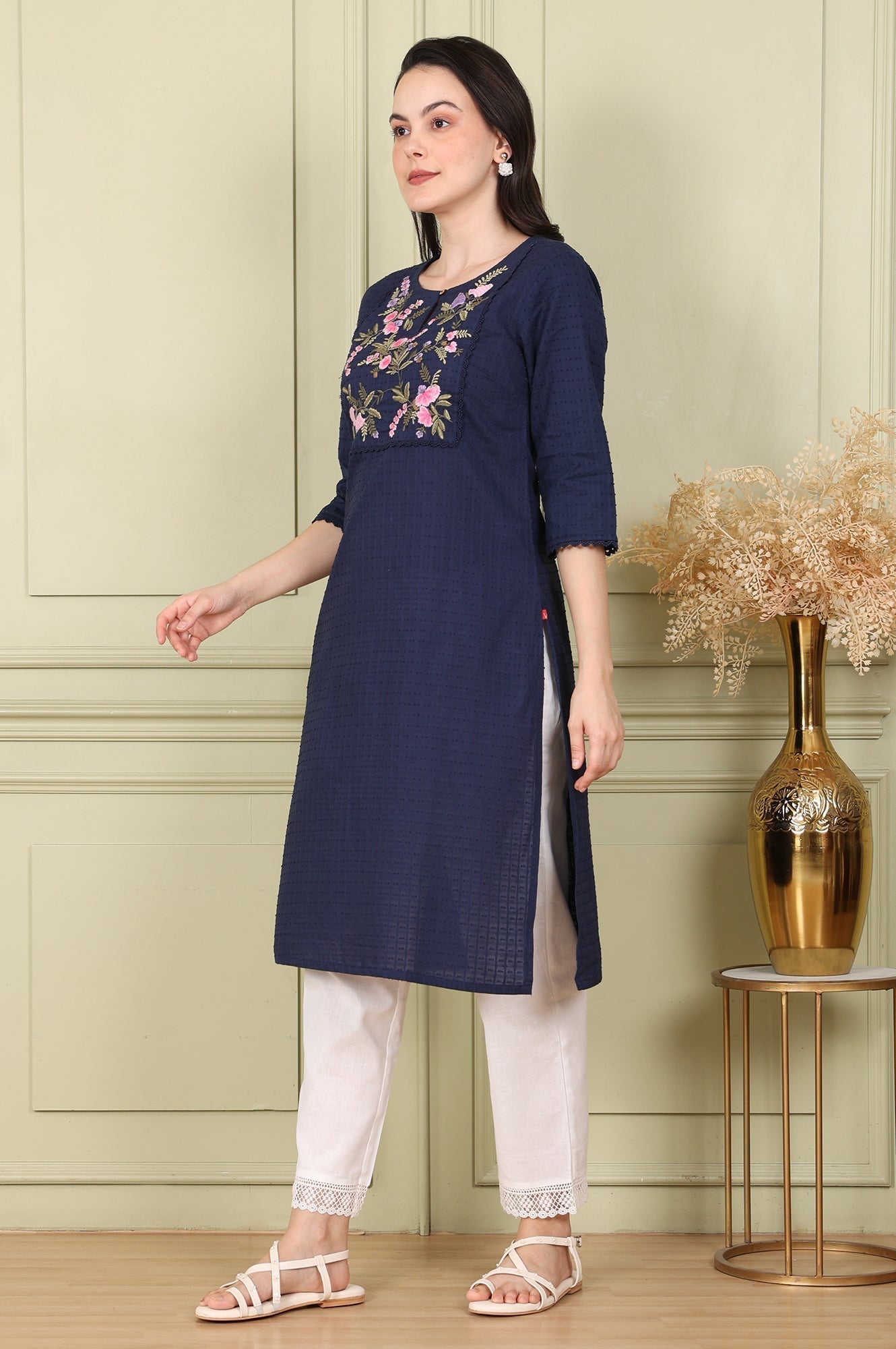 W for Woman Navy Blue Textured Straight Kurta With Thread Embroidered Yoke