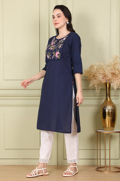W for Woman Navy Blue Textured Straight Kurta With Thread Embroidered Yoke