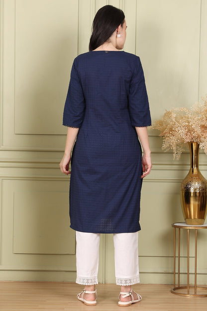 W for Woman Navy Blue Textured Straight Kurta With Thread Embroidered Yoke
