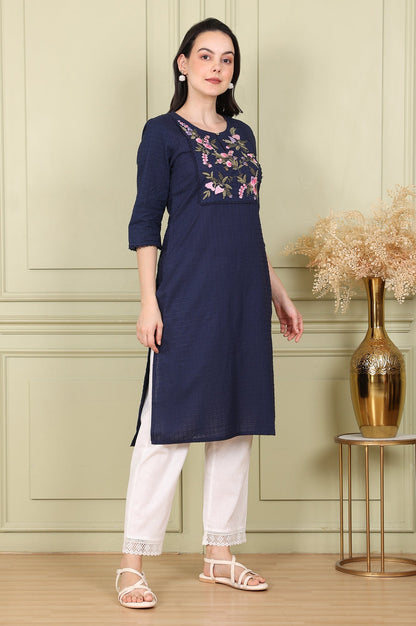 W for Woman Navy Blue Textured Straight Kurta With Thread Embroidered Yoke