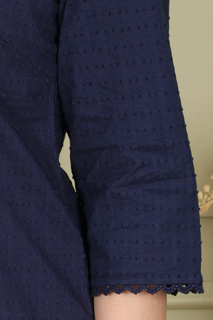 W for Woman Navy Blue Textured Straight Kurta With Thread Embroidered Yoke