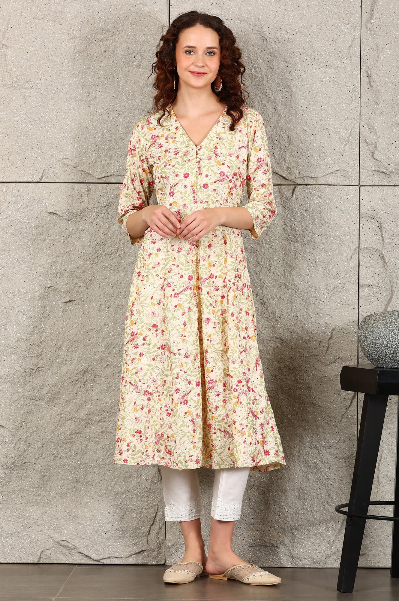 W for Woman Off White Floral Printed Pure Cotton A-Line Kurta