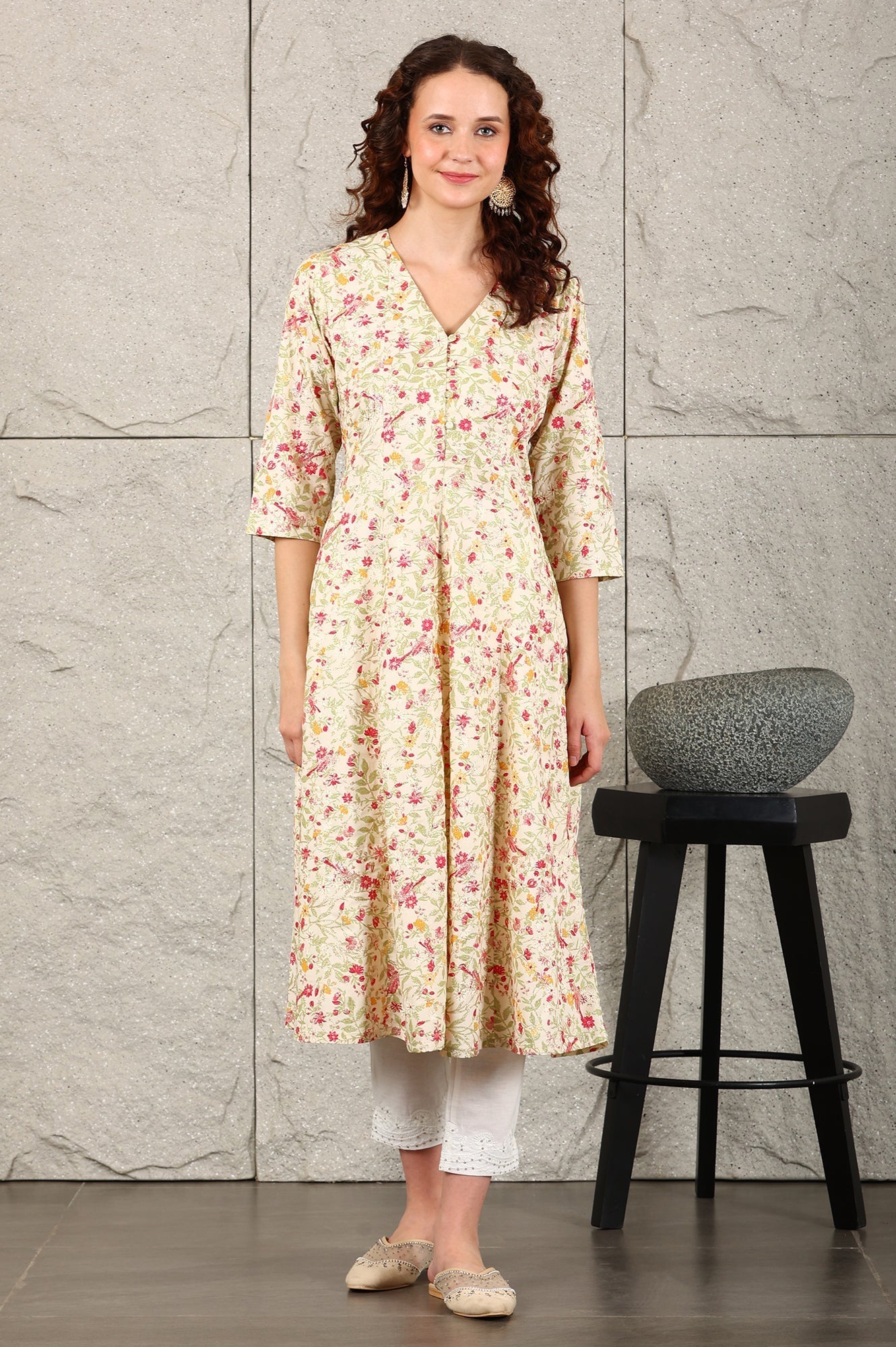 W for Woman Off White Floral Printed Pure Cotton A-Line Kurta