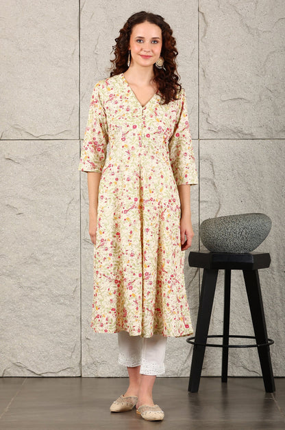 W for Woman Off White Floral Printed Pure Cotton A-Line Kurta