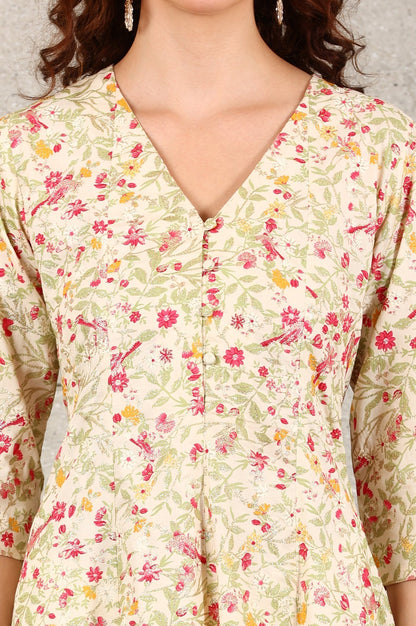 W for Woman Off White Floral Printed Pure Cotton A-Line Kurta
