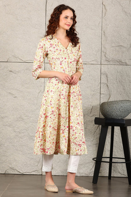 W for Woman Off White Floral Printed Pure Cotton A-Line Kurta