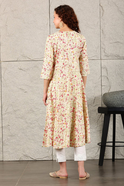 W for Woman Off White Floral Printed Pure Cotton A-Line Kurta
