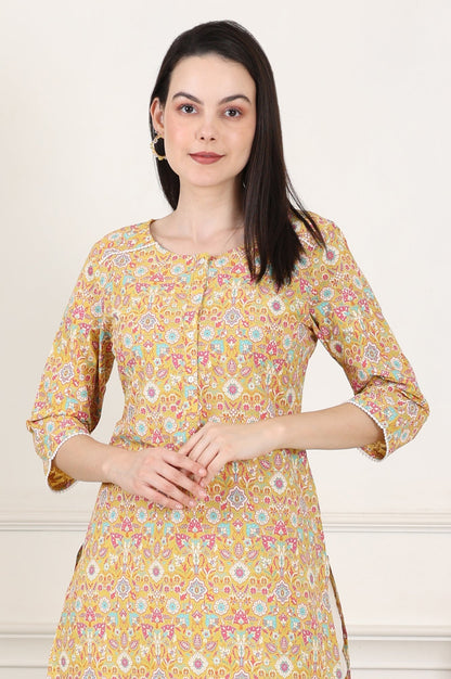 W for Woman Yellow Floral Printed Pure Cotton Straight Kurta