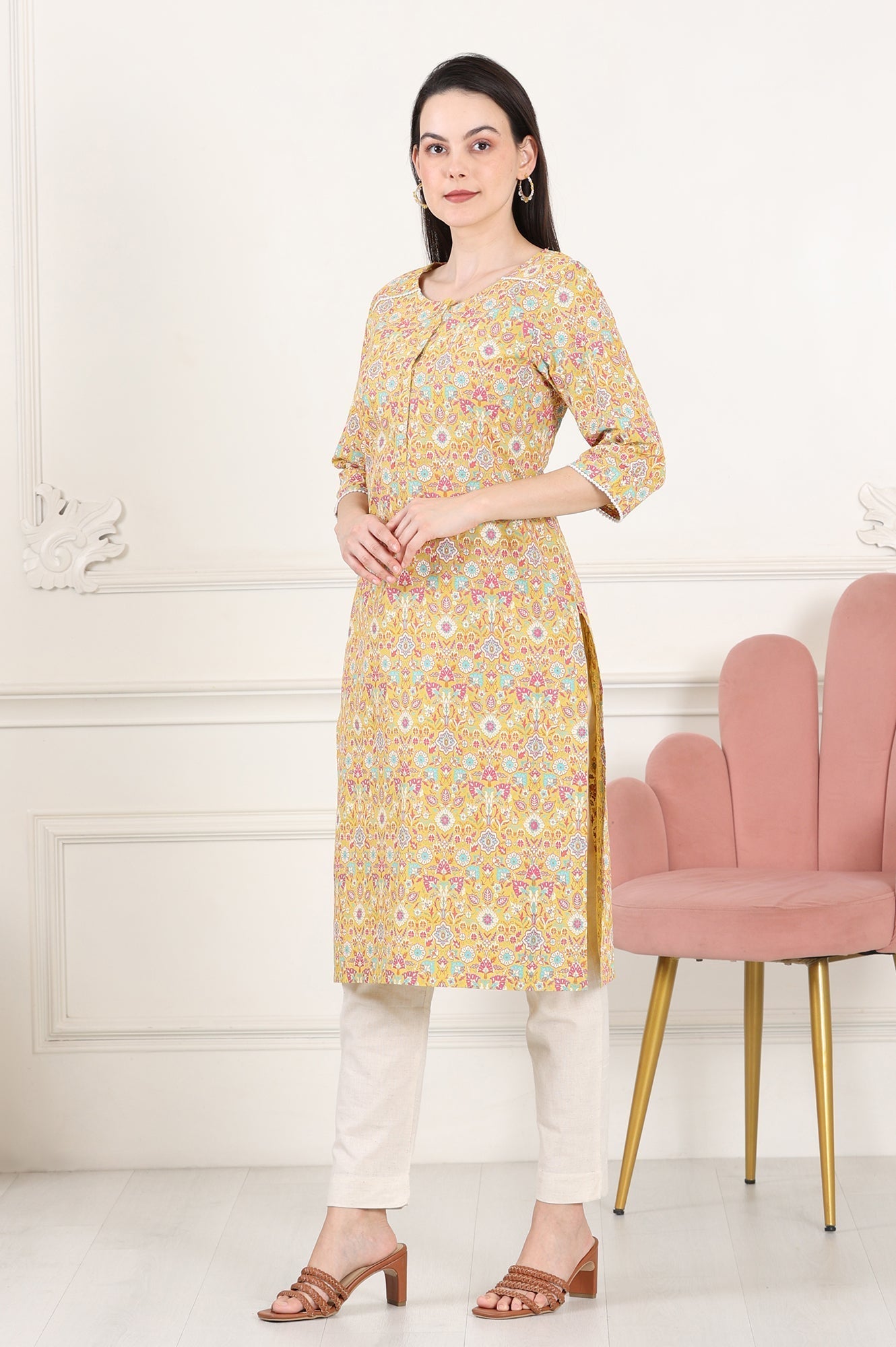 W for Woman Yellow Floral Printed Pure Cotton Straight Kurta