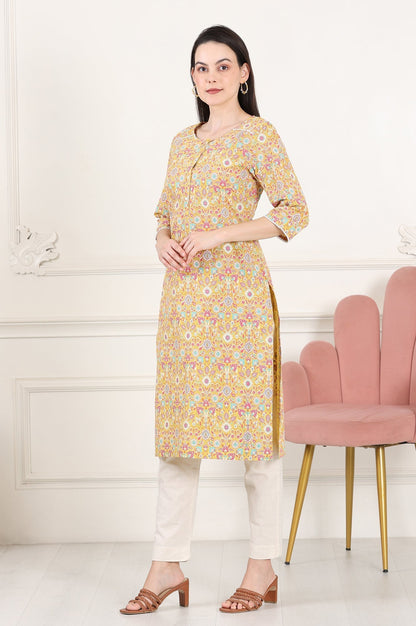 W for Woman Yellow Floral Printed Pure Cotton Straight Kurta