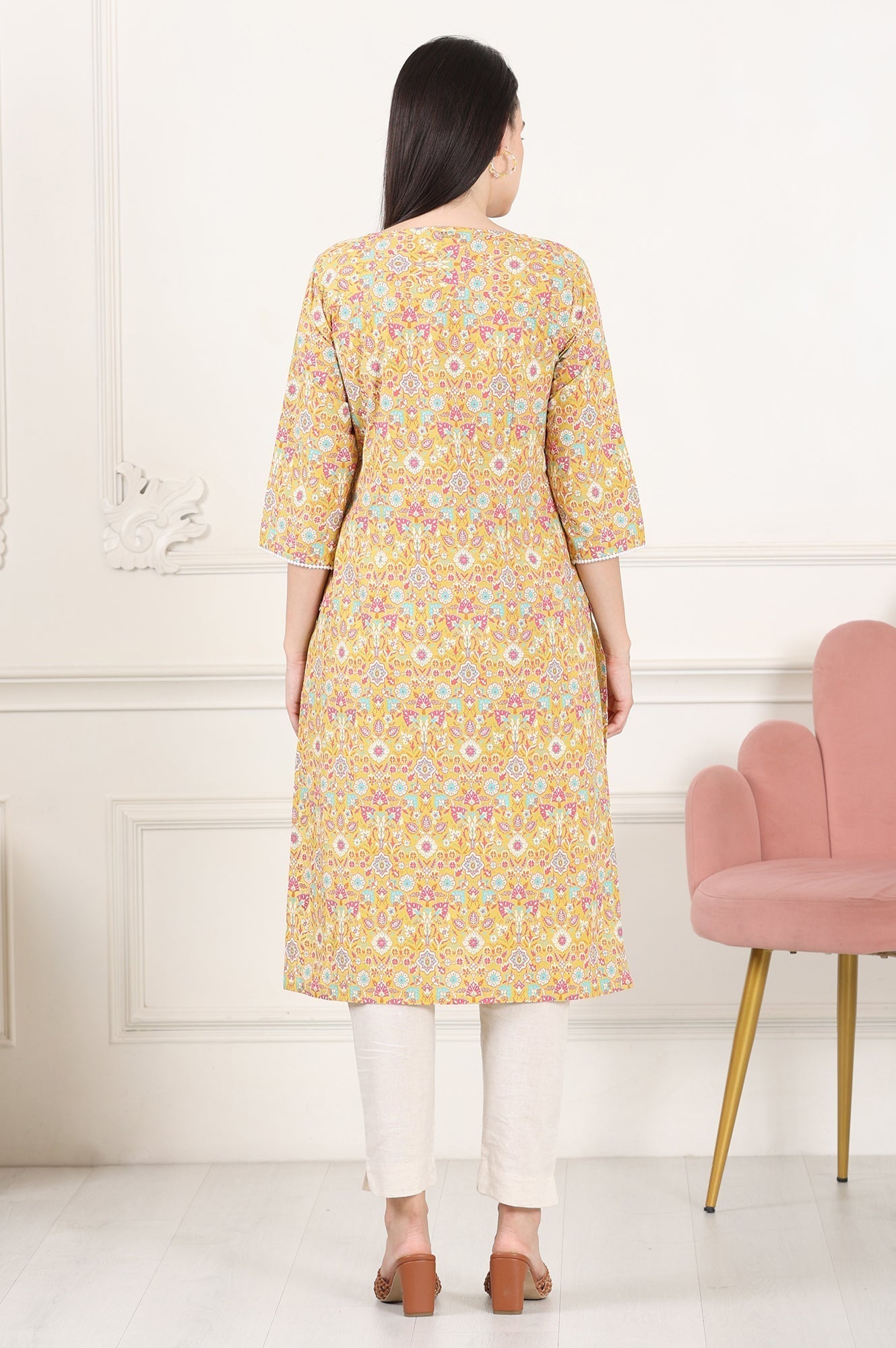 W for Woman Yellow Floral Printed Pure Cotton Straight Kurta