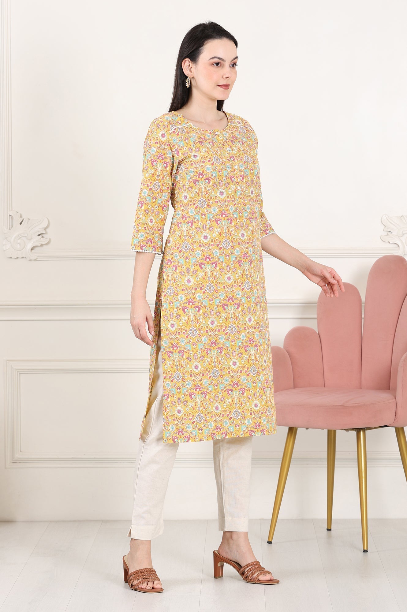 W for Woman Yellow Floral Printed Pure Cotton Straight Kurta