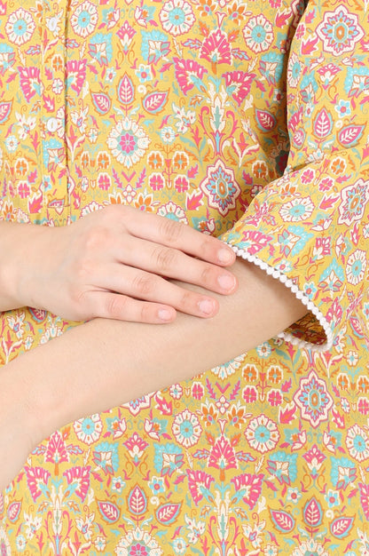 W for Woman Yellow Floral Printed Pure Cotton Straight Kurta