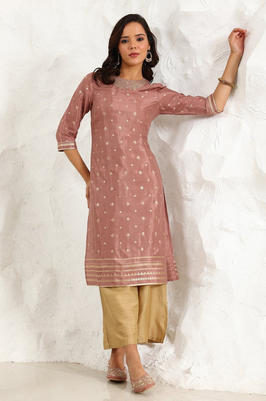 W for Woman Pink Glitter Printed Shantung Straight Kurta With Embroidered Neck