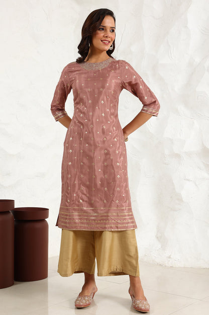 W for Woman Pink Glitter Printed Shantung Straight Kurta With Embroidered Neck