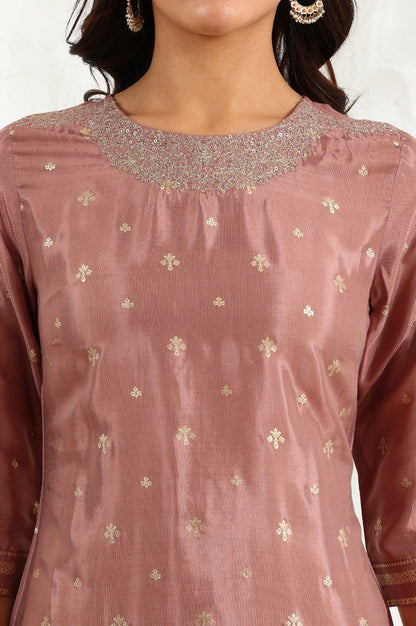 W for Woman Pink Glitter Printed Shantung Straight Kurta With Embroidered Neck