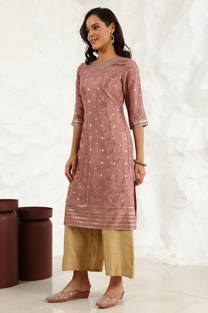 W for Woman Pink Glitter Printed Shantung Straight Kurta With Embroidered Neck