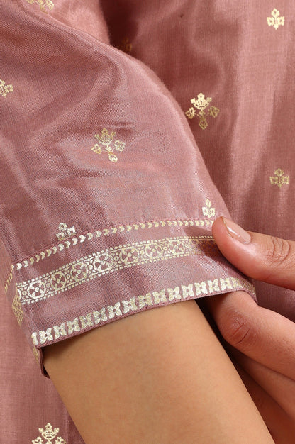 W for Woman Pink Glitter Printed Shantung Straight Kurta With Embroidered Neck